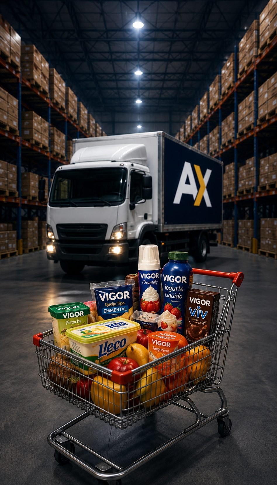Carrinho com produtos AX e caminhão da distribuidora no galpão